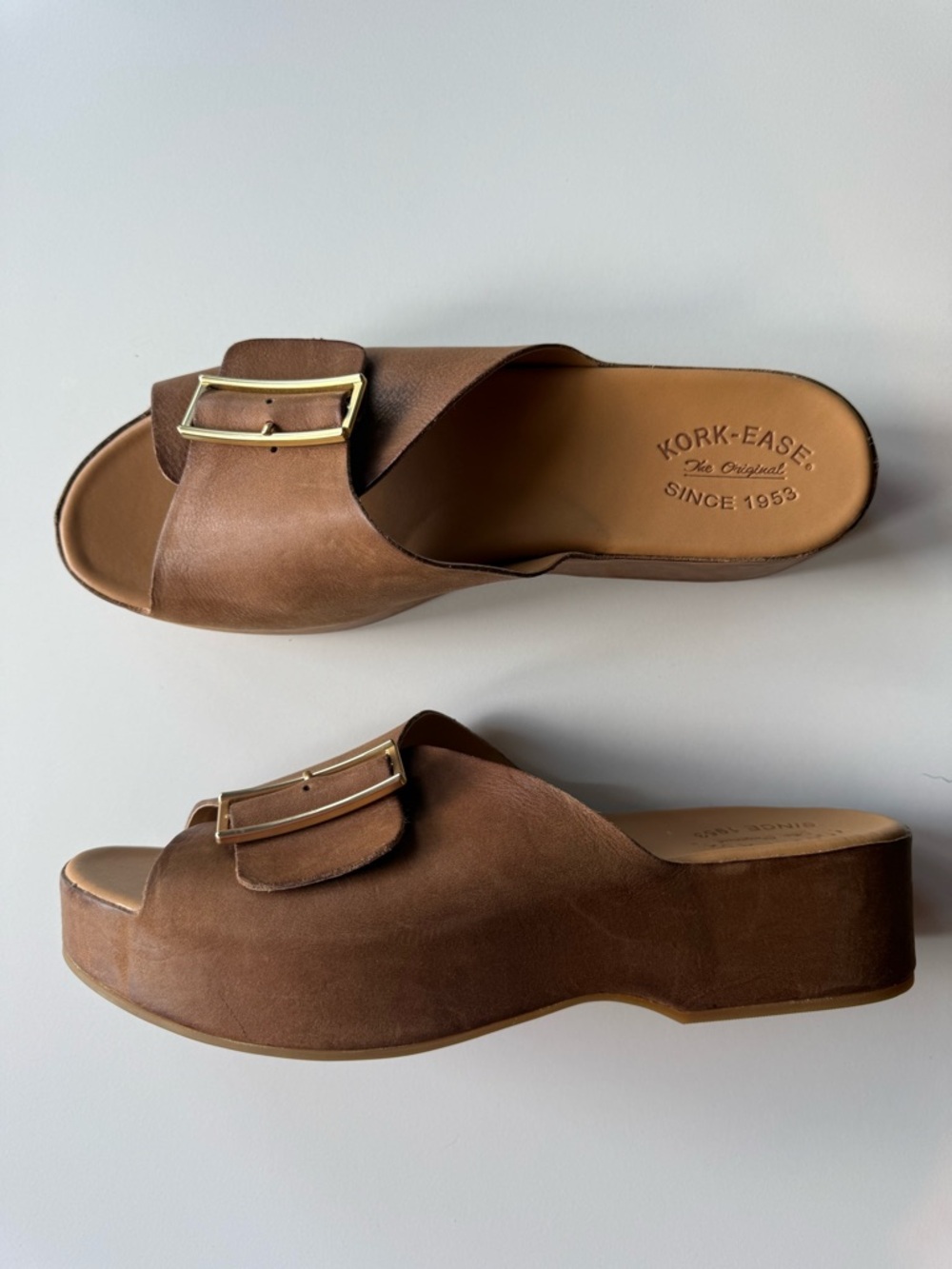 Kork-Ease York Platform Slide Leather Wedge Buckle Sandals Brown Woman’s US 11M
